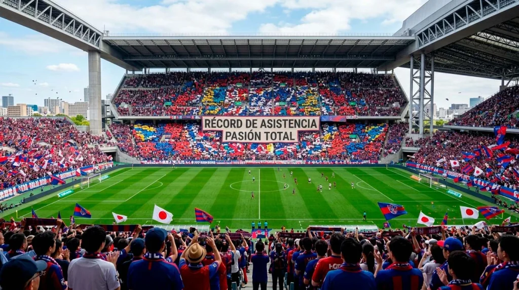 Gradas llenas de espectadores con banderas en un estadio de la J-League