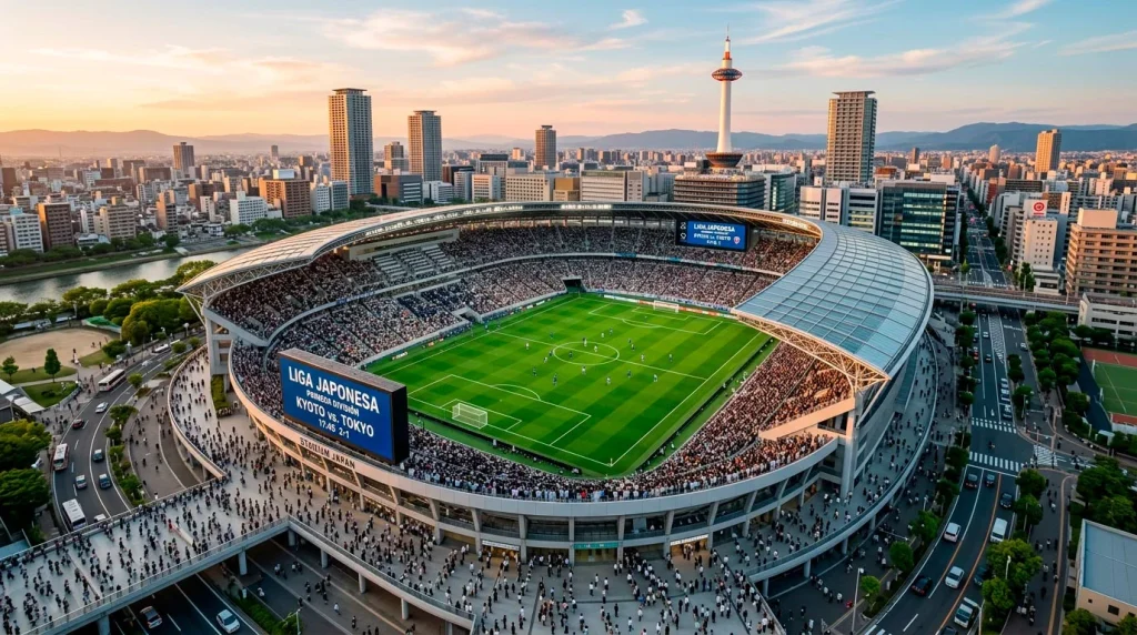 Vista aérea de un estadio de fútbol japonés de la J-League con césped verde