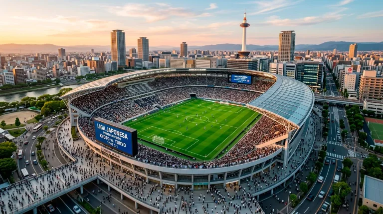 Vista aérea de un estadio de fútbol japonés de la J-League con césped verde