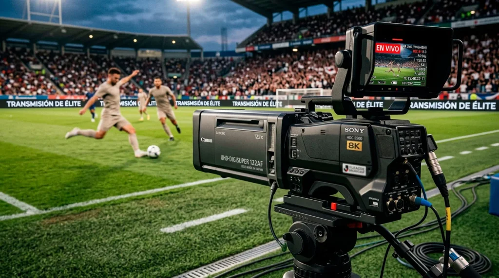 Cámara de televisión enfocando un partido de fútbol de la J-League
