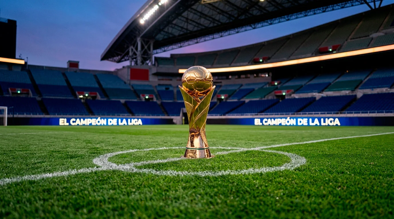 Equipo con más títulos de la liga japonesa: trofeo de la J-League sobre el césped de un estadio japonés iluminado