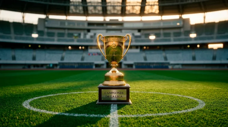 Trofeo dorado de campeonato de fútbol sobre un pedestal en un estadio japonés