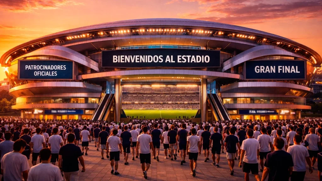 Vista panorámica de un estadio de la J-League con paneles de patrocinadores visibles