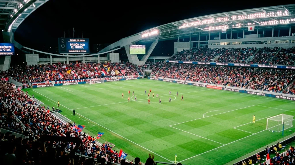 Estadio de fútbol japonés lleno de aficionados durante un partido de la J-League