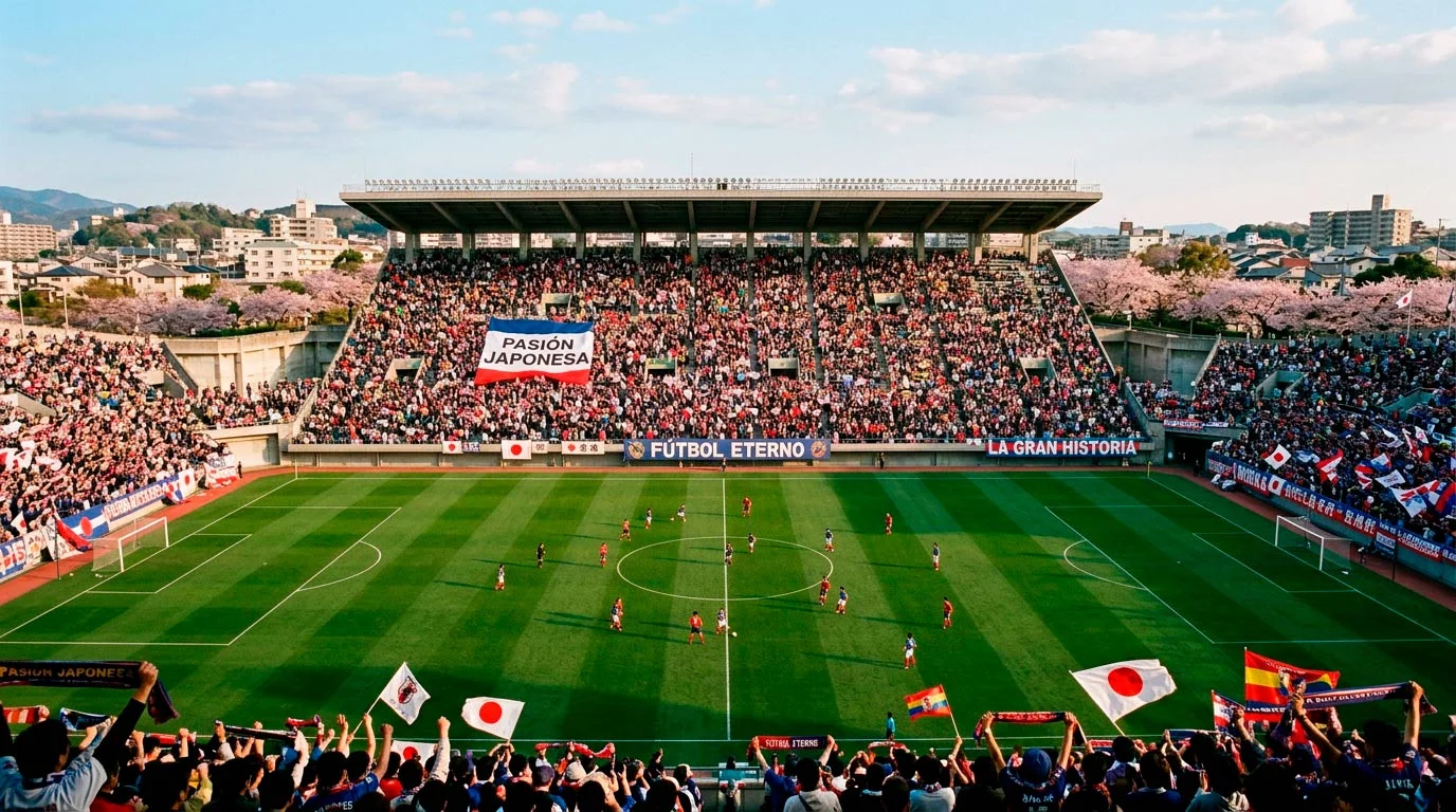 Estadio japonés durante los primeros años de la J-League en la década de 1990 con aficionados en las gradas