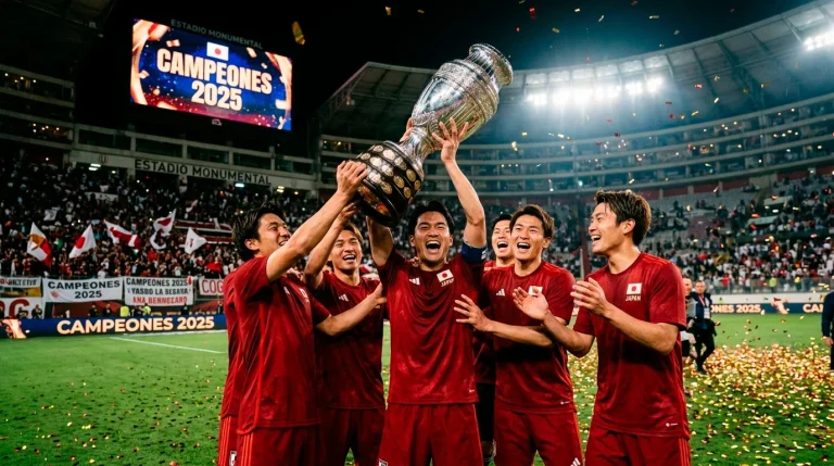 Equipo de fútbol japonés levantando el trofeo de campeón de la J-League 2025
