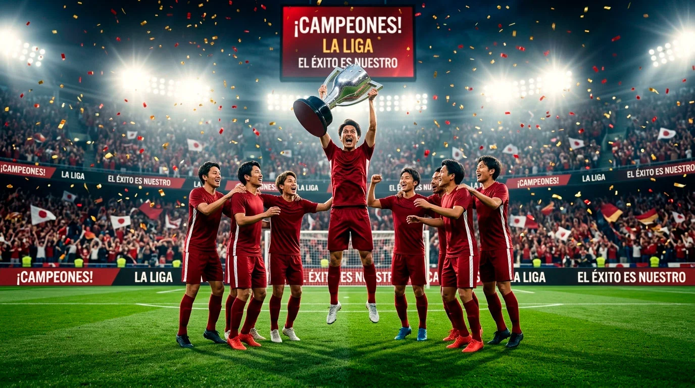 Jugadores de fútbol celebrando un título de liga en un estadio japonés con confeti y trofeo