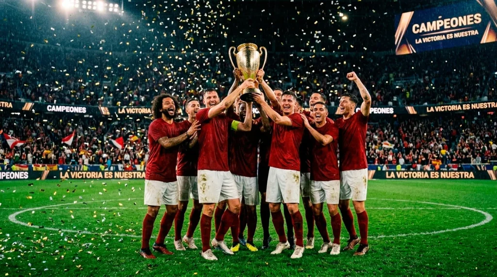 Kashima Antlers celebrando un título de la J-League con el trofeo en el estadio