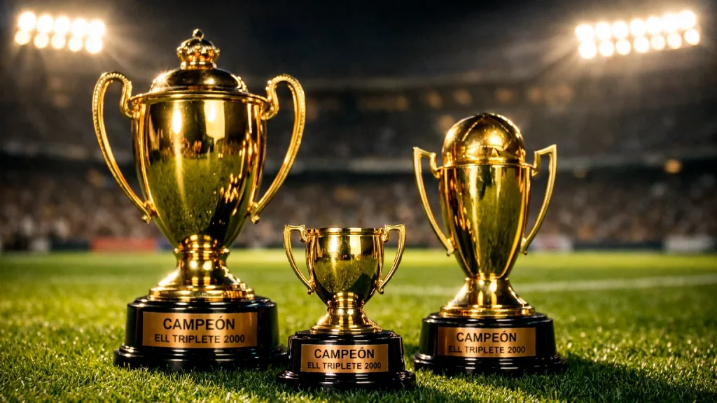 Tres trofeos de fútbol alineados sobre césped verde de un estadio japonés