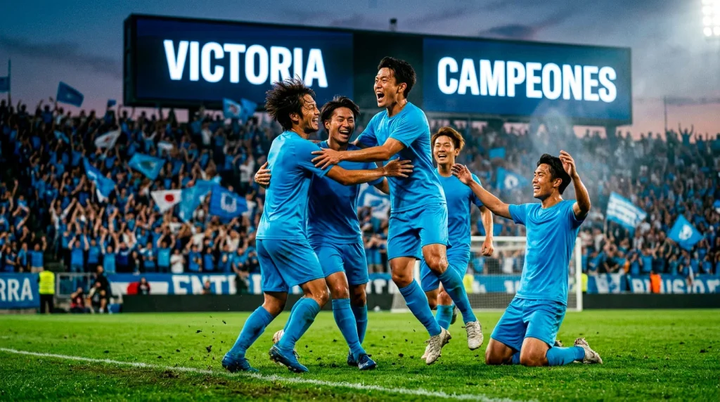 Jugadores de fútbol con camiseta azul celeste celebrando en un estadio japonés