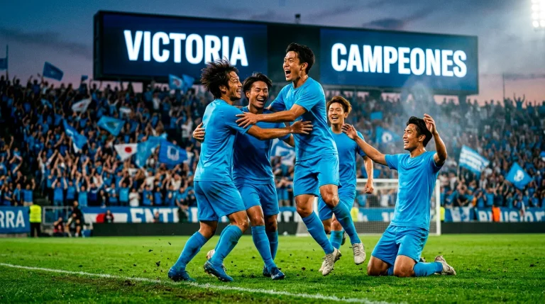 Jugadores de fútbol con camiseta azul celeste celebrando en un estadio japonés