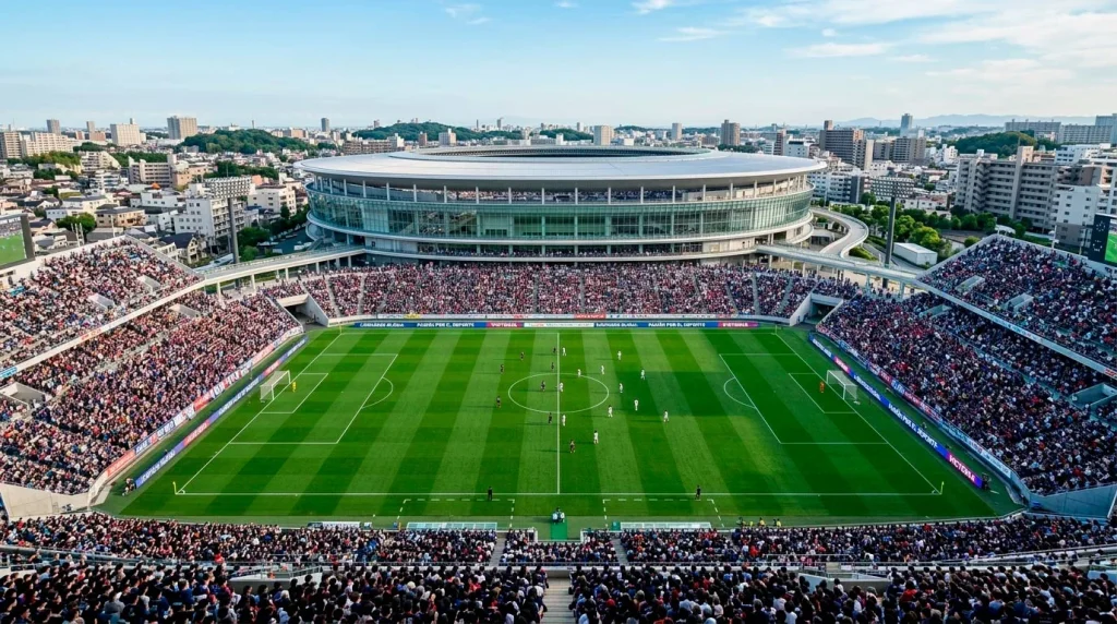 Estadio de fútbol japonés moderno con gradas llenas y campo de césped verde