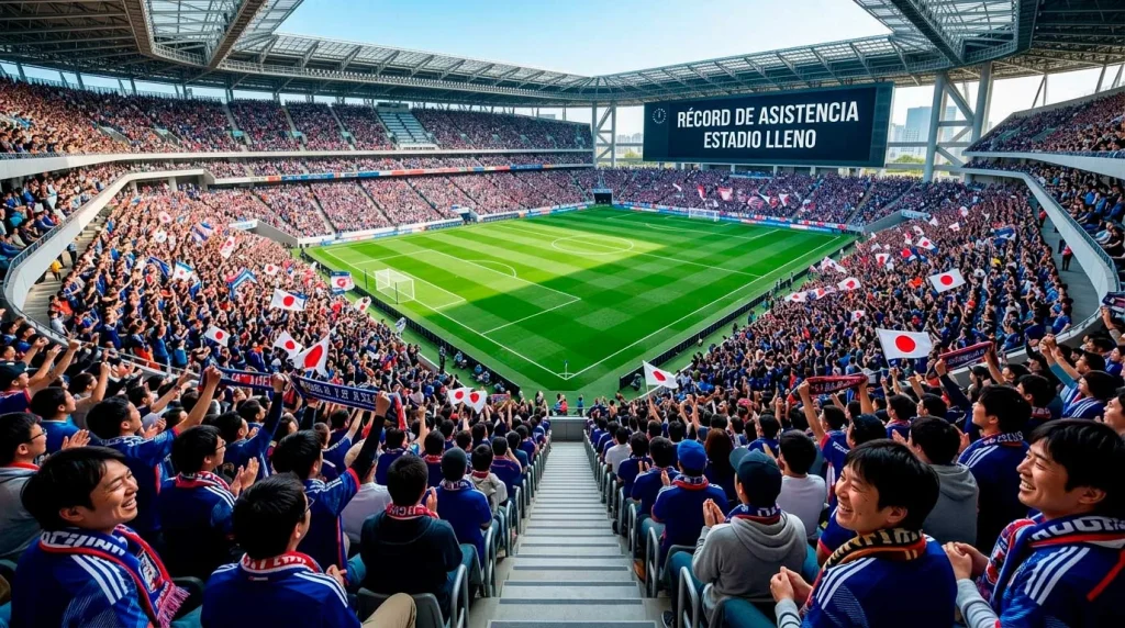 Estadio de fútbol japonés completamente lleno durante una jornada de la J-League