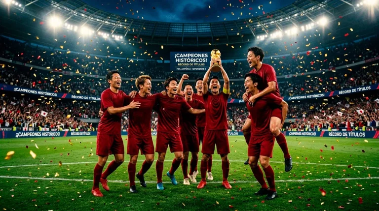 Equipo de fútbol japonés celebrando un campeonato con confeti dorado en un estadio