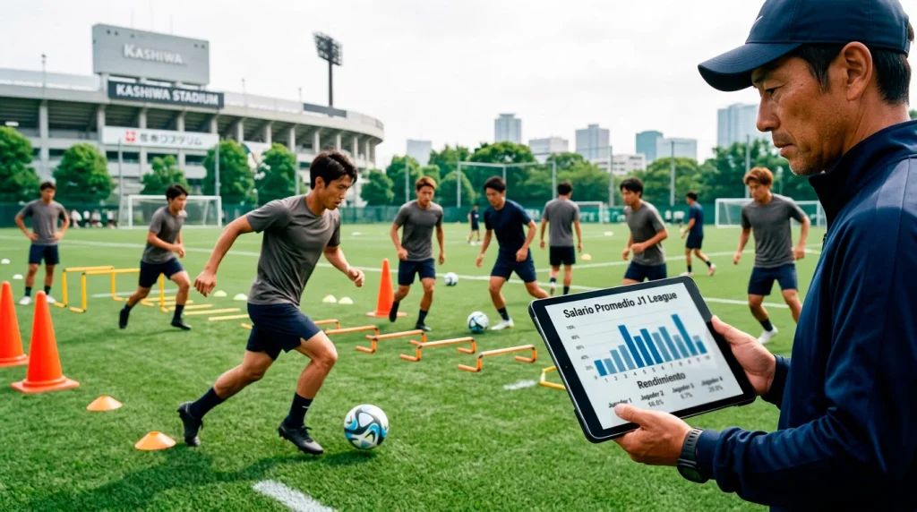 Jugadores de fútbol de la J1 League entrenando en un campo japonés