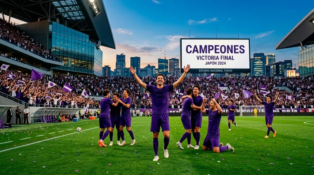 Estadio de fútbol en Hiroshima con jugadores en camiseta morada sobre césped verde