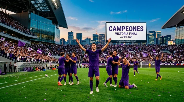 Estadio de fútbol en Hiroshima con jugadores en camiseta morada sobre césped verde