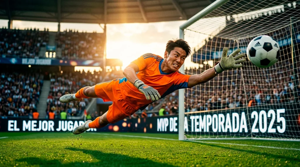 Portero japonés de fútbol realizando una parada en un partido de la J-League