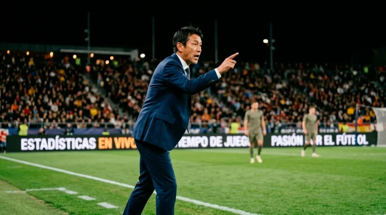 Entrenador japonés de fútbol en la banda de un estadio de la J-League