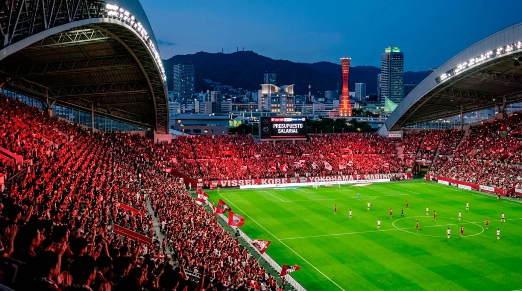 Estadio de fútbol de Vissel Kobe con gradas llenas en la J-League