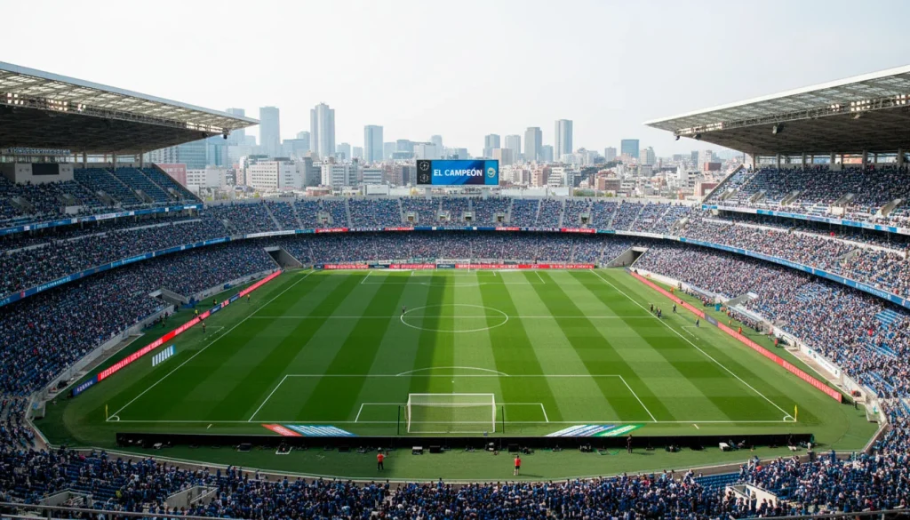 Estadio Nissan de Yokohama visto desde las gradas superiores con campo de fútbol verde