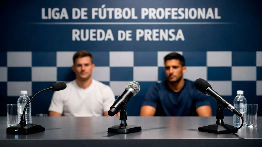 Sala de conferencias de prensa de fútbol japonés con micrófono y logo de la J-League