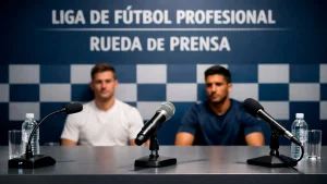 Sala de conferencias de prensa de fútbol japonés con micrófono y logo de la J-League