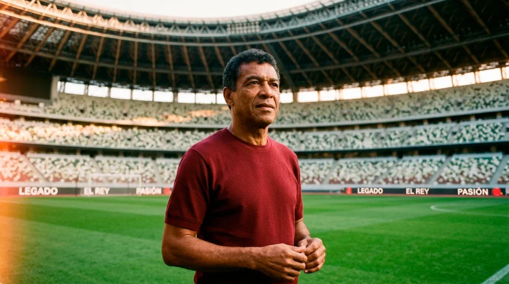 Jugador veterano brasileño con camiseta roja oscura de fútbol en un estadio japonés de la J-League